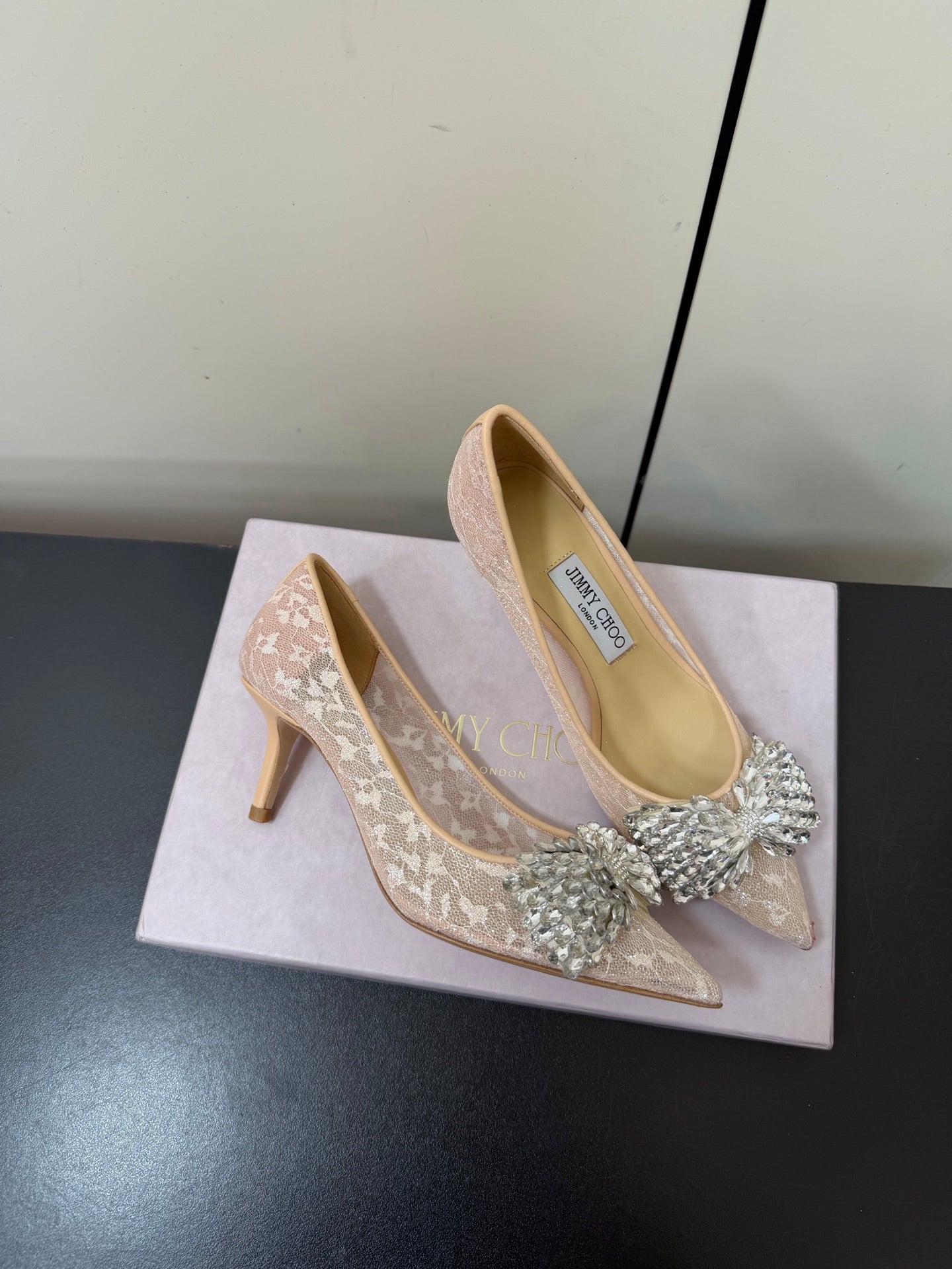 JC Pointed Toe Shoes 6.5cm Rhinestone Bow Single Pink Mesh 618818
