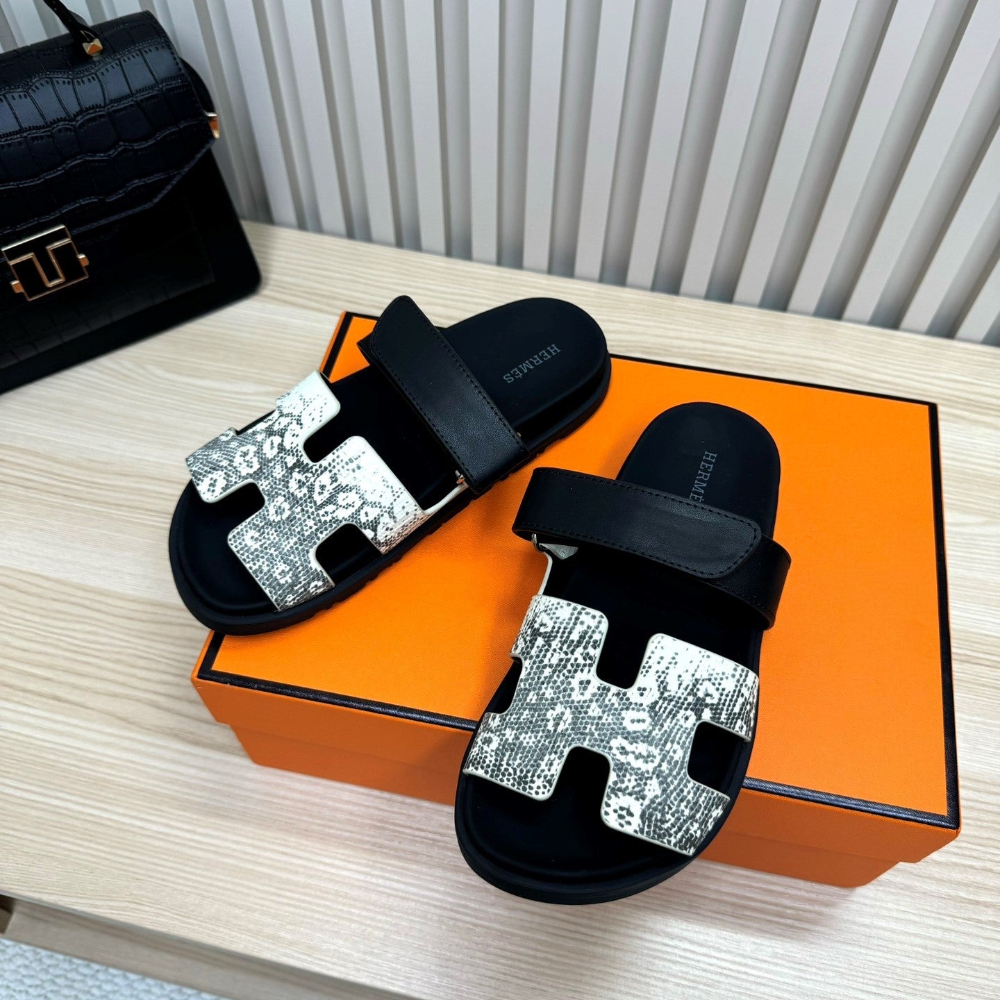 HM Chypre Sandal Black White Python Skin Pattern 618579