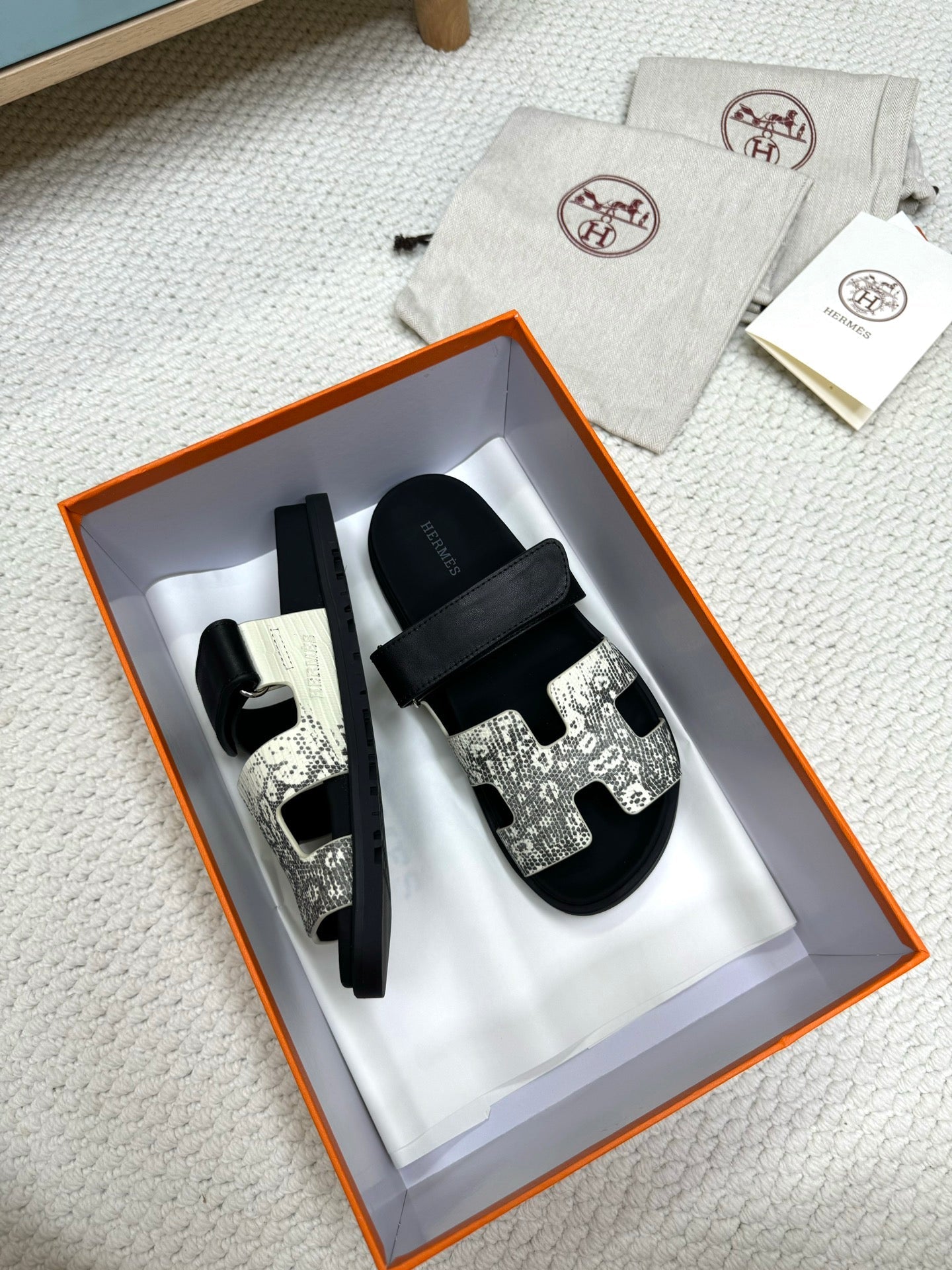 HM Chypre Sandal Black White Python Skin Pattern 618579