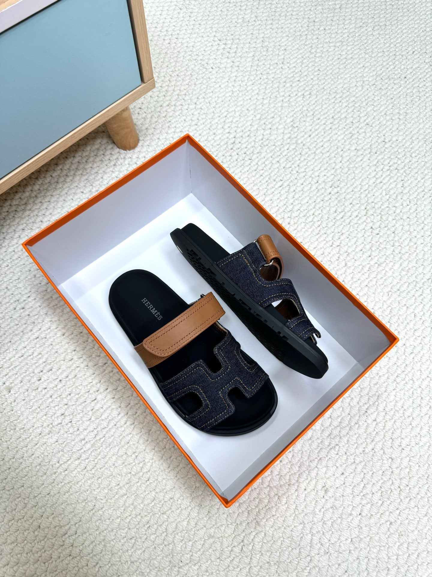 HM Chypre Sandal Hemming Brown Black Cowhide Denim 618587