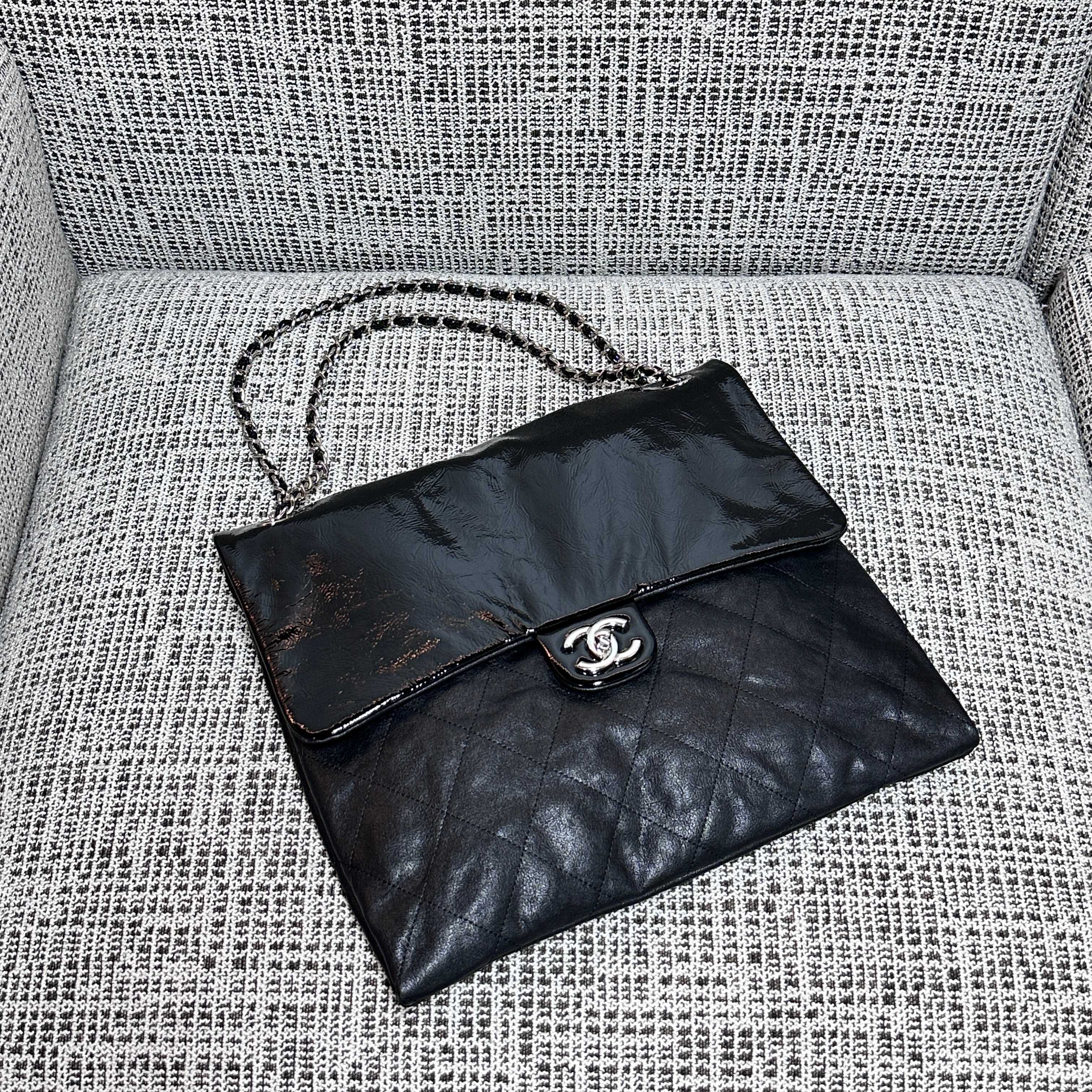 CC 26s Flap Tote Bag Black Oil Wax Leather