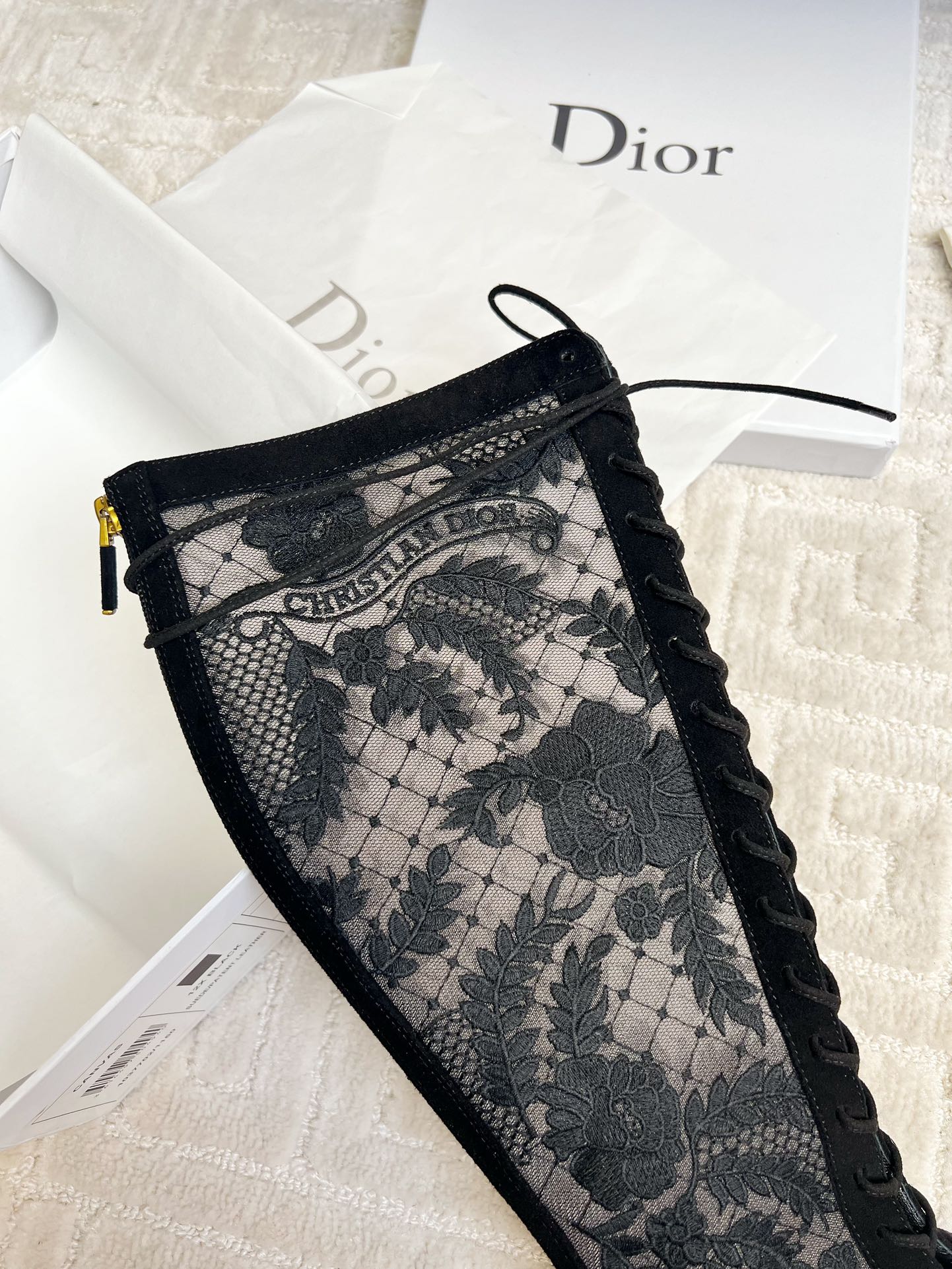 CD Naughtily-D Heeled High Boots Black Transparent Mesh Roses Embroidery And Suede
