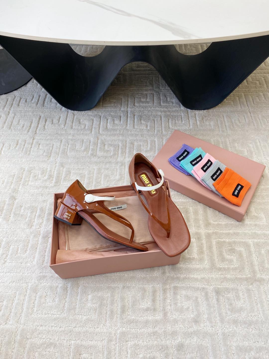 Miu High Heel Thong Sandals In Smoky Umber Glossy Sheepskin