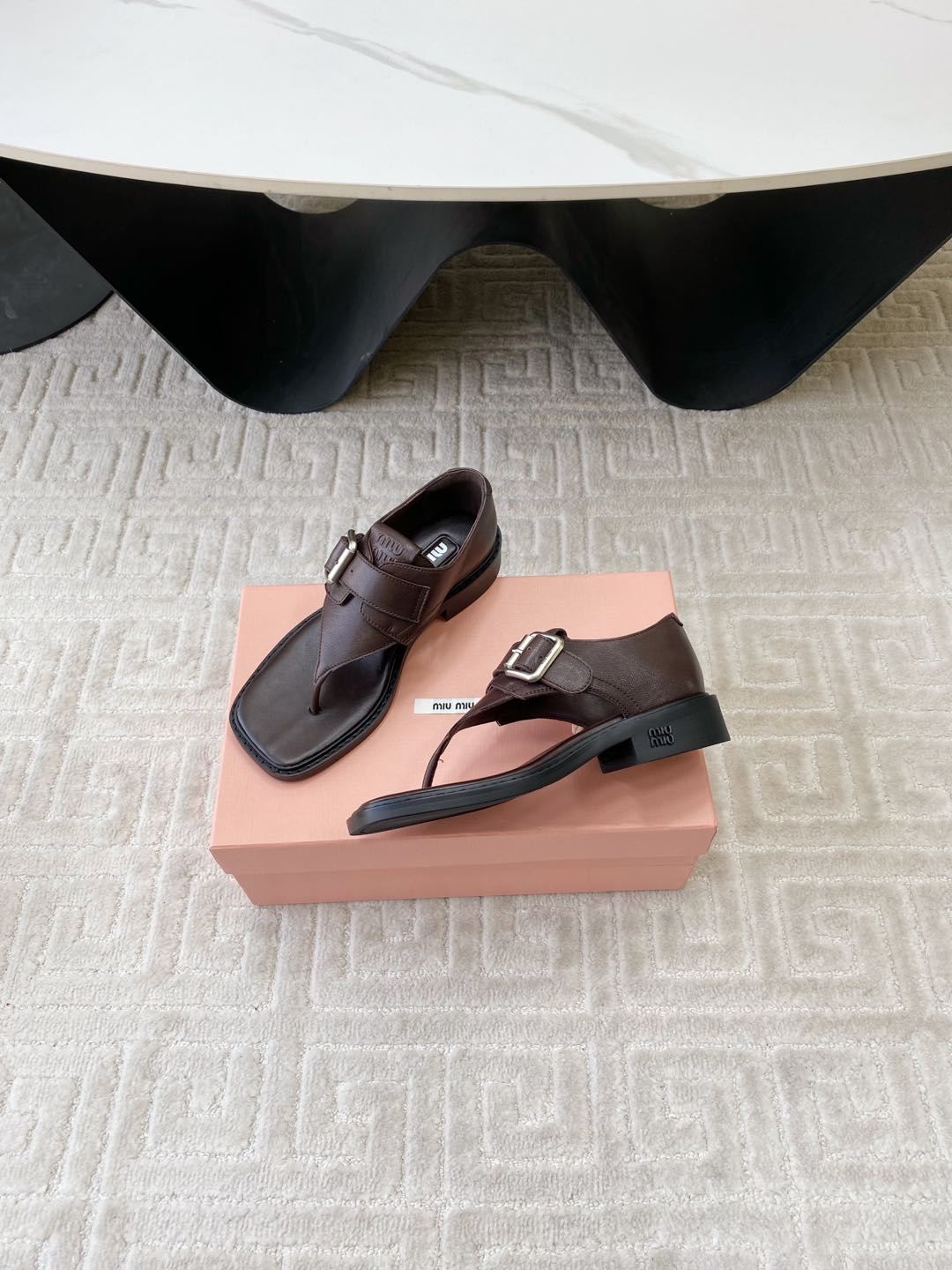 Miu Thong Sandals In Espresso Brown Lambskin With Silver Buckle