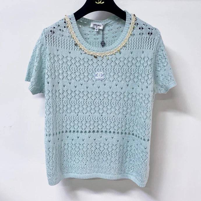 Chanel 2026 Blue Knitted Short-Sleeved Top Cotton 479942