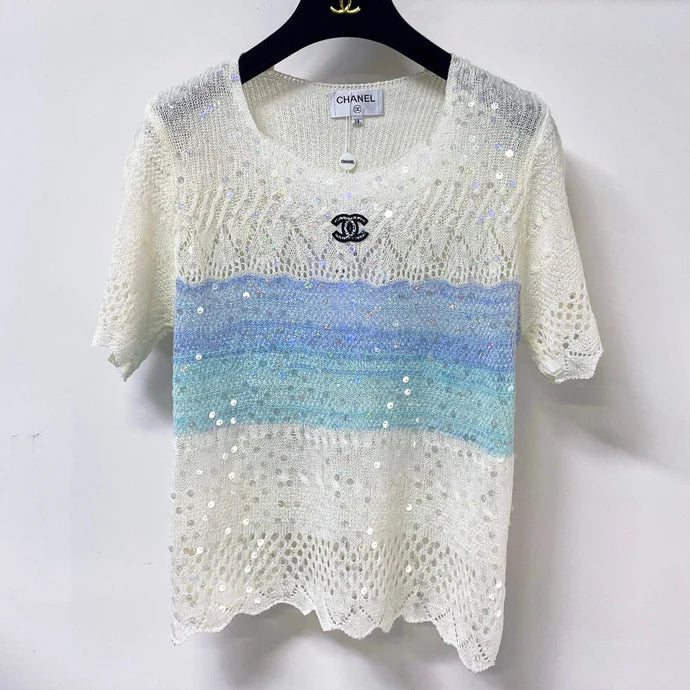 Chanel 2026 Short-Sleeved Shirt Blue White Wool 479938