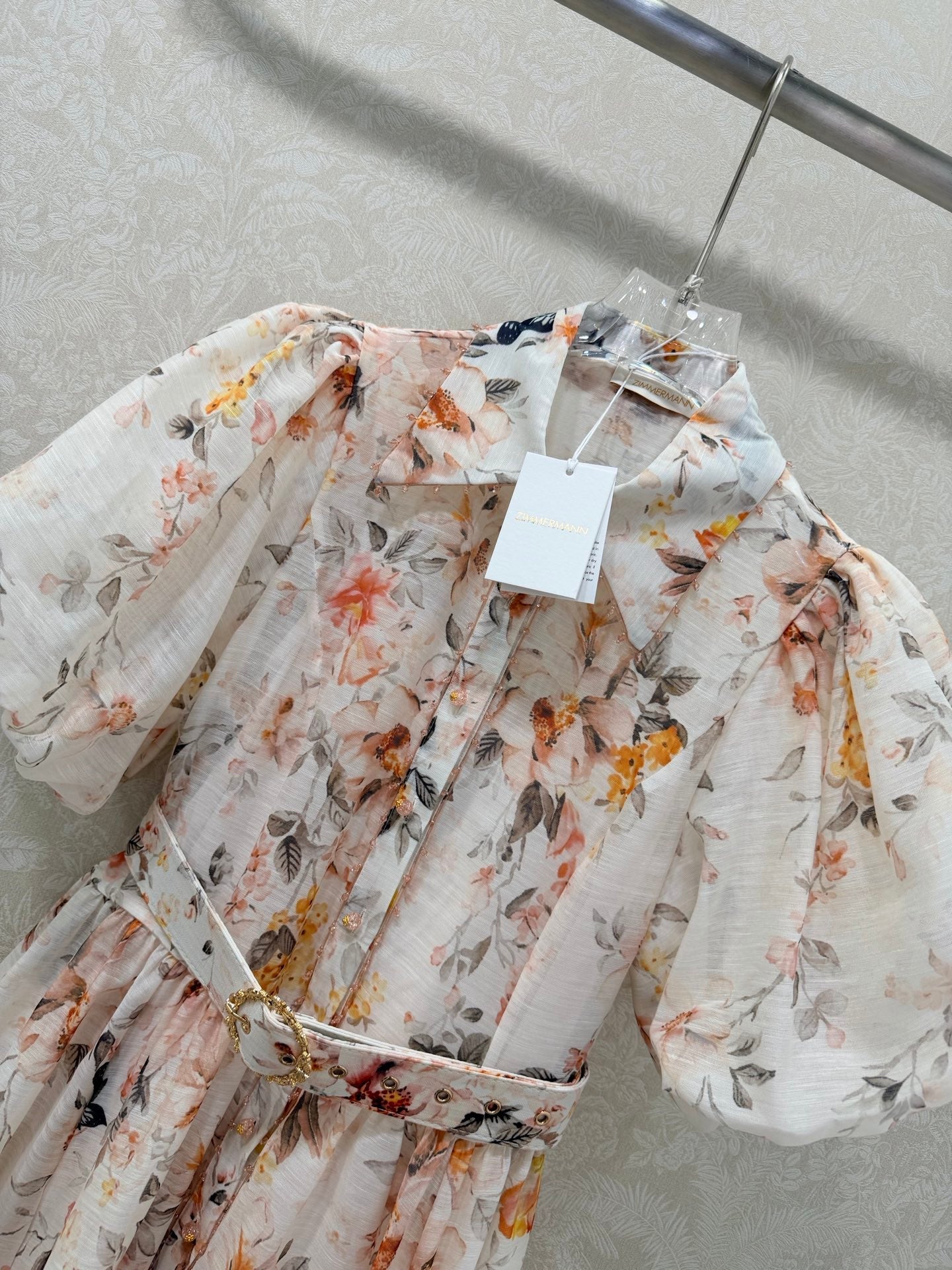 Zimmermann Floral Puff Sleeve Mini Dress Cream Floral Print Cotton 347338