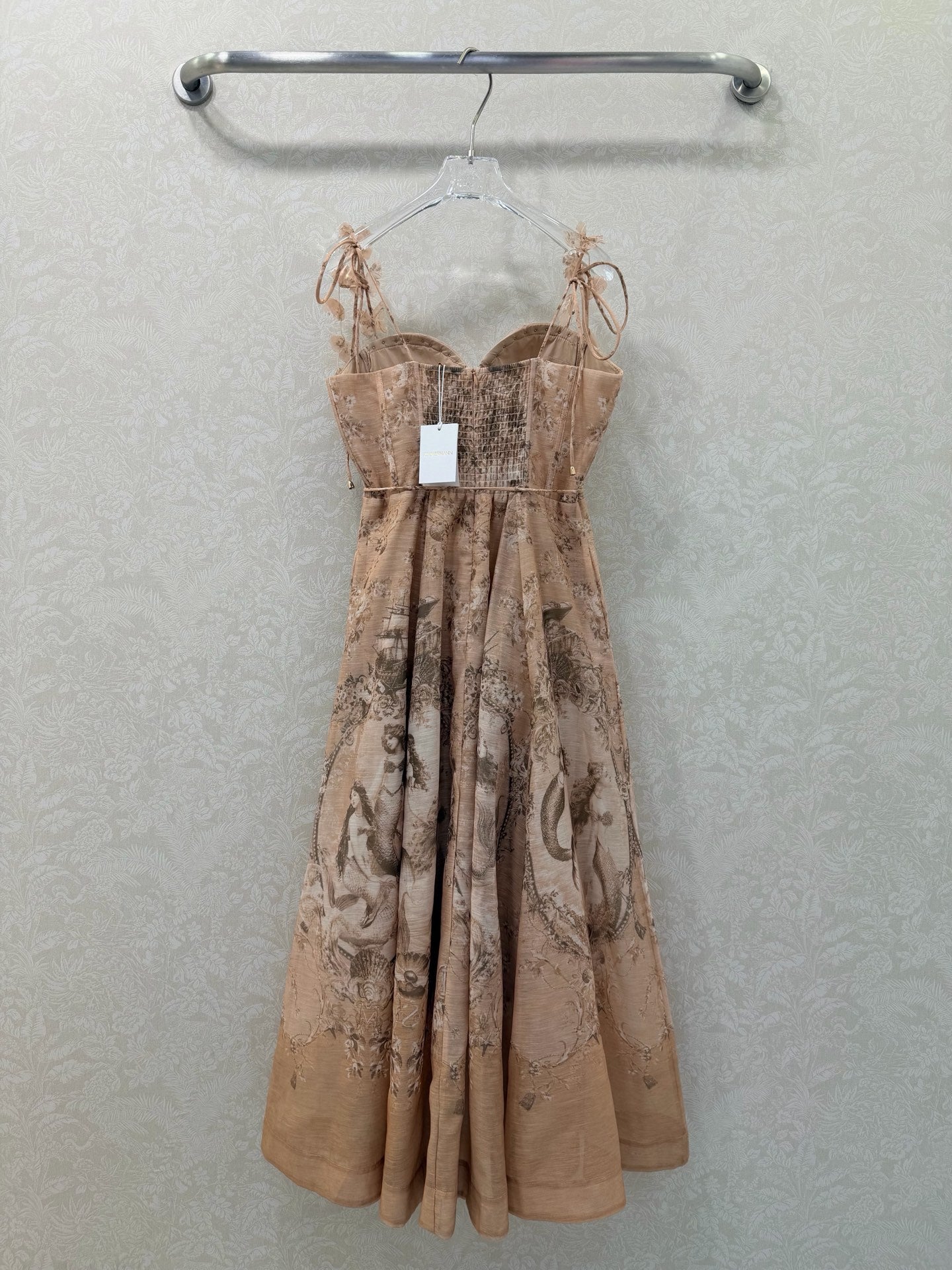 Zimmermann Crush Twist Front Midi Dress Peach Lace Print Cotton 347278
