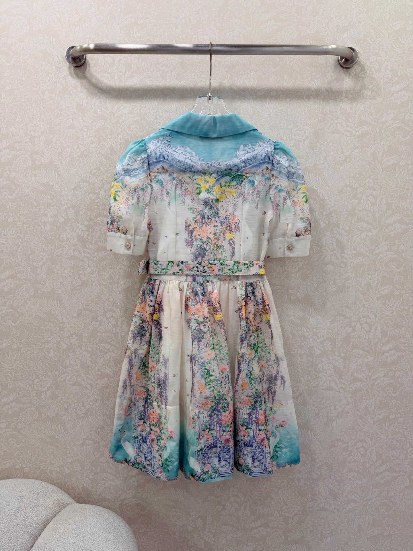 Zimmermann Peggy Print Short Sleeve Dress Ivory Blue Floral Cotton 347199