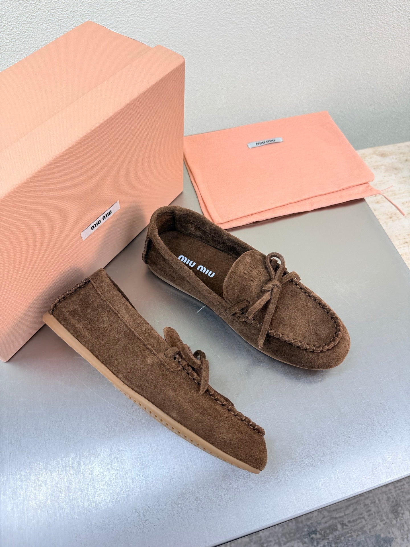 Miu Logo Loafer Coffee Suede  693519