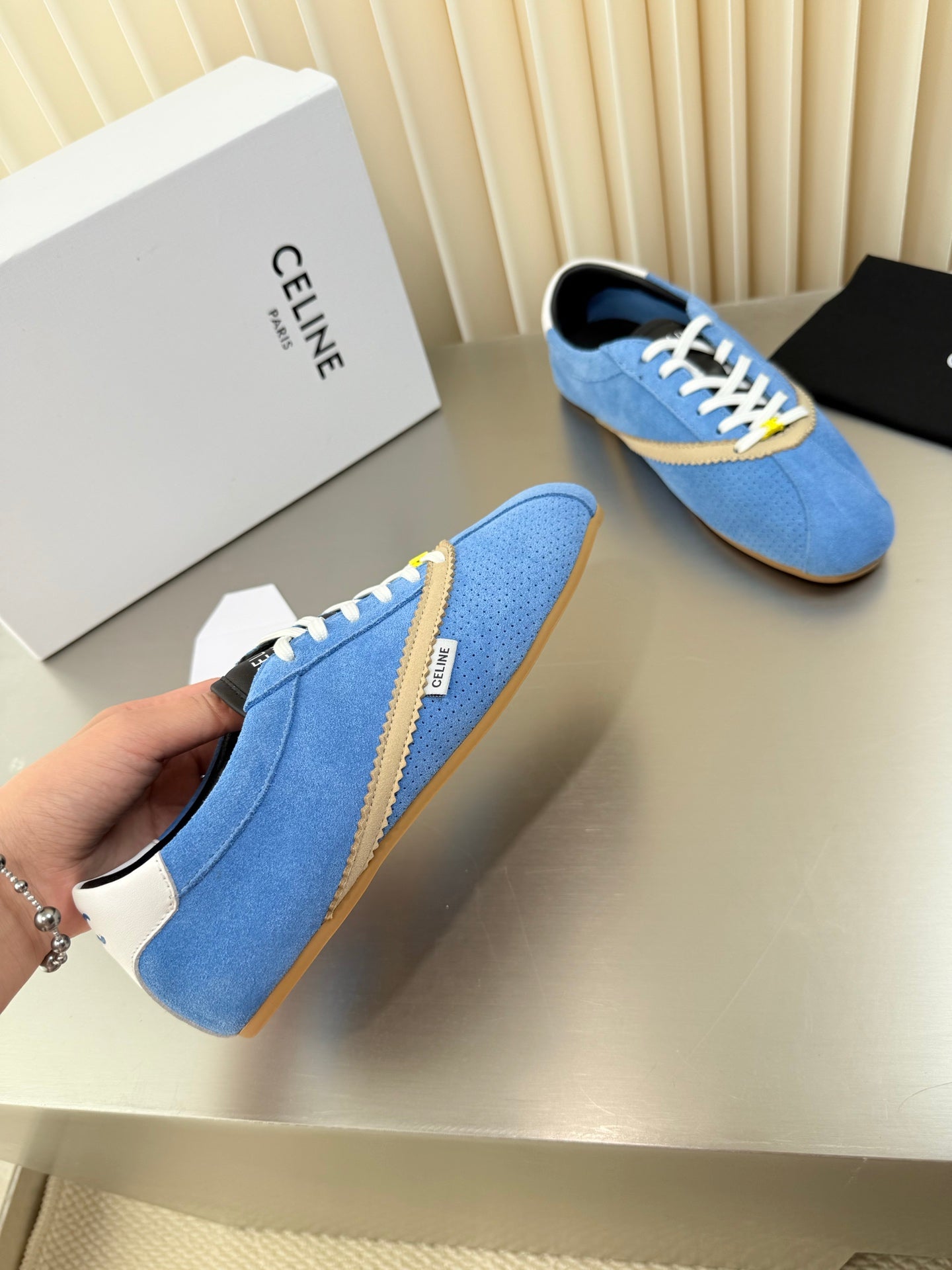 Celine 26 Flat Sneaker Beige Blue Leather Suede 989412