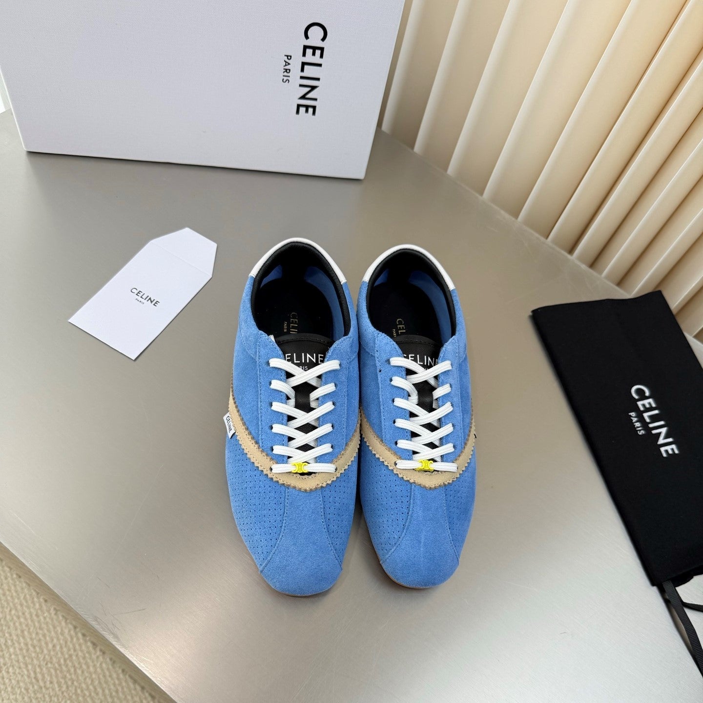 Celine 26 Flat Sneaker Beige Blue Leather Suede 989412