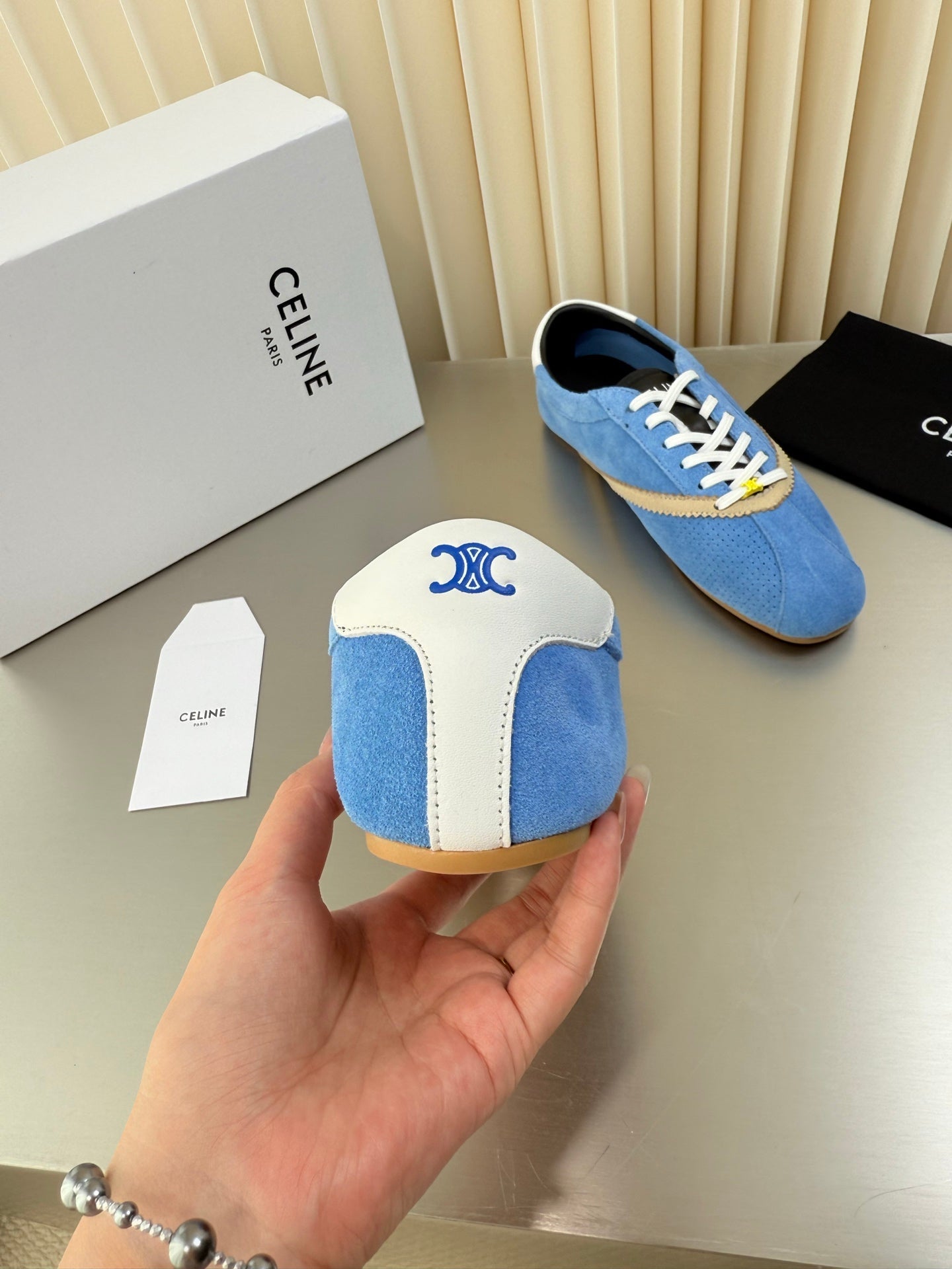 Celine 26 Flat Sneaker Beige Blue Leather Suede 989412