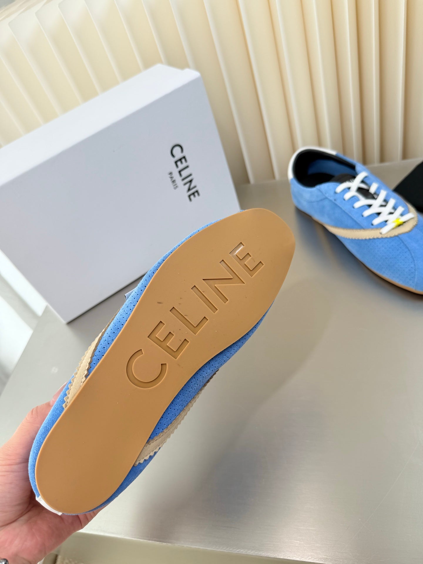 Celine 26 Flat Sneaker Beige Blue Leather Suede 989412