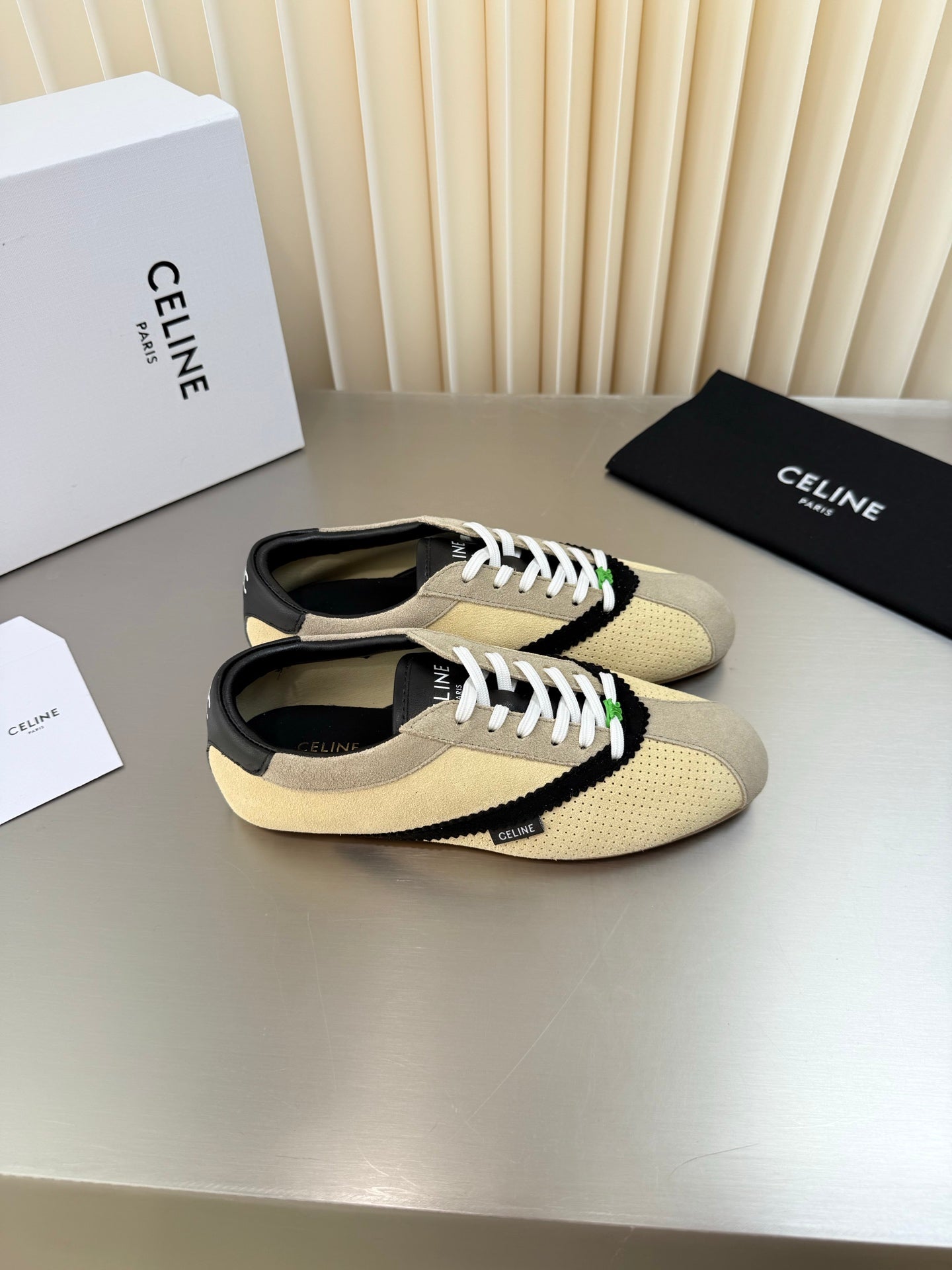 Celine 26 Flat Sneaker Black Cream Leather Suede 989413