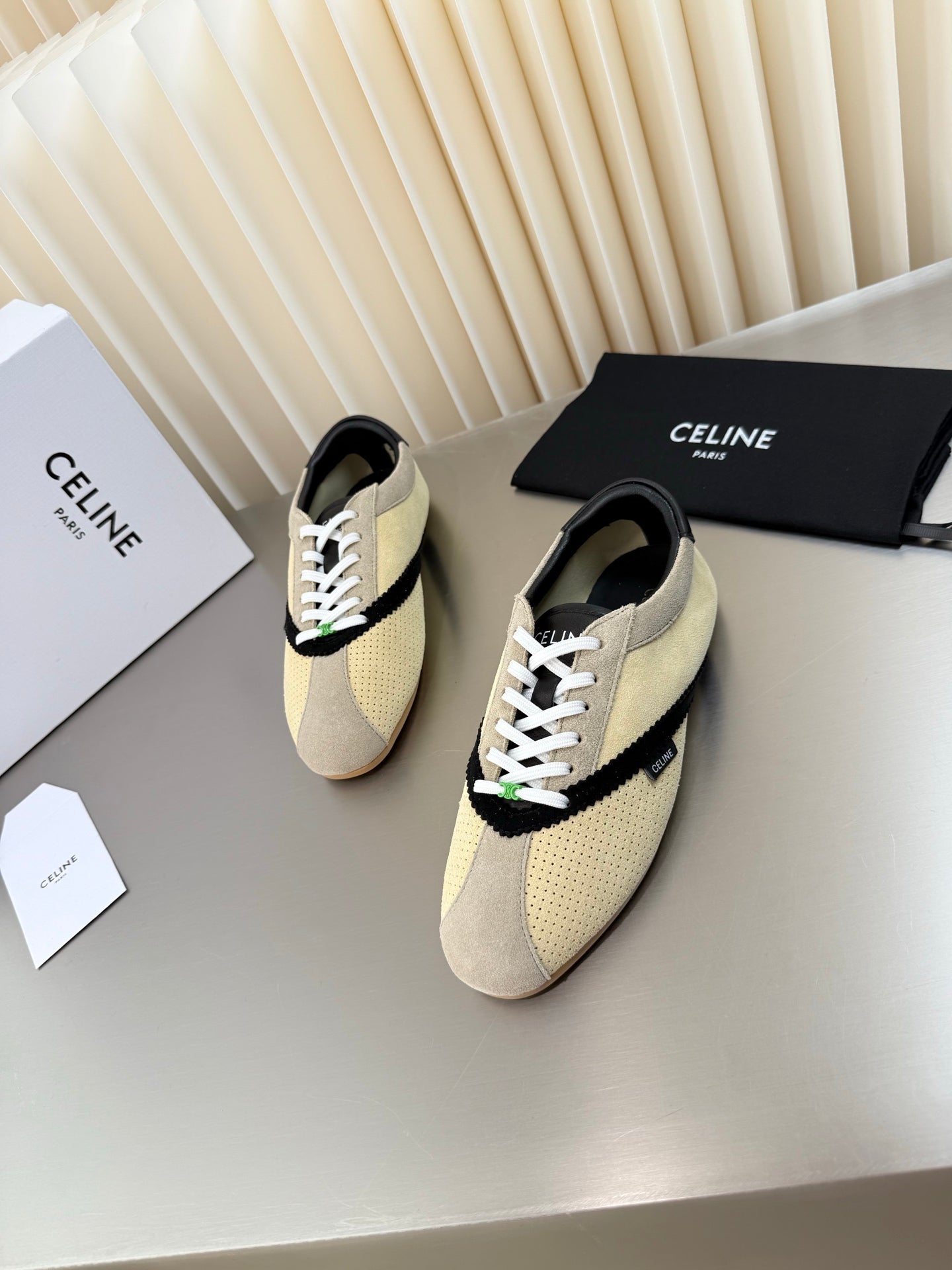 Celine 26 Flat Sneaker Black Cream Leather Suede 989413