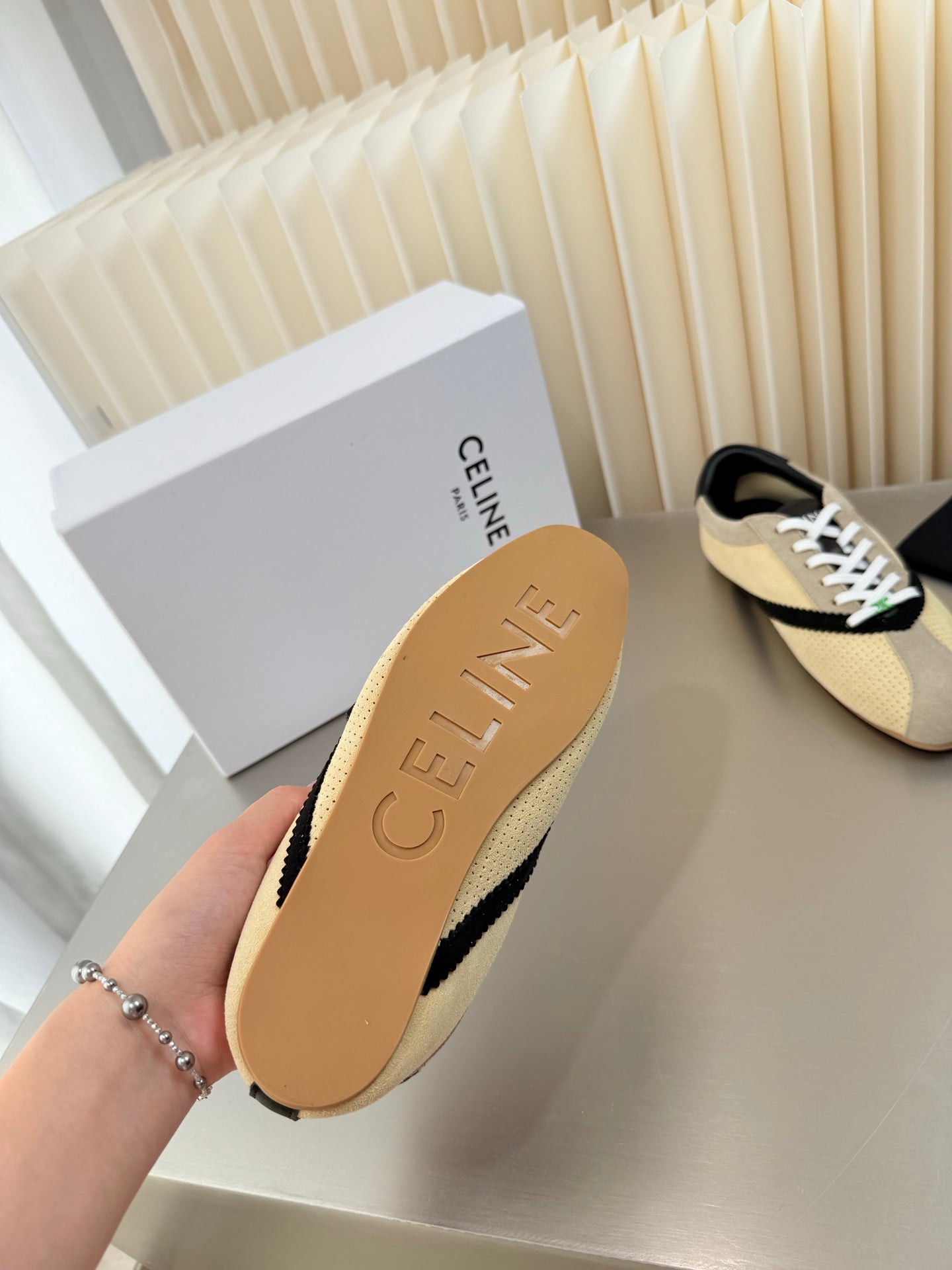 Celine 26 Flat Sneaker Black Cream Leather Suede 989413