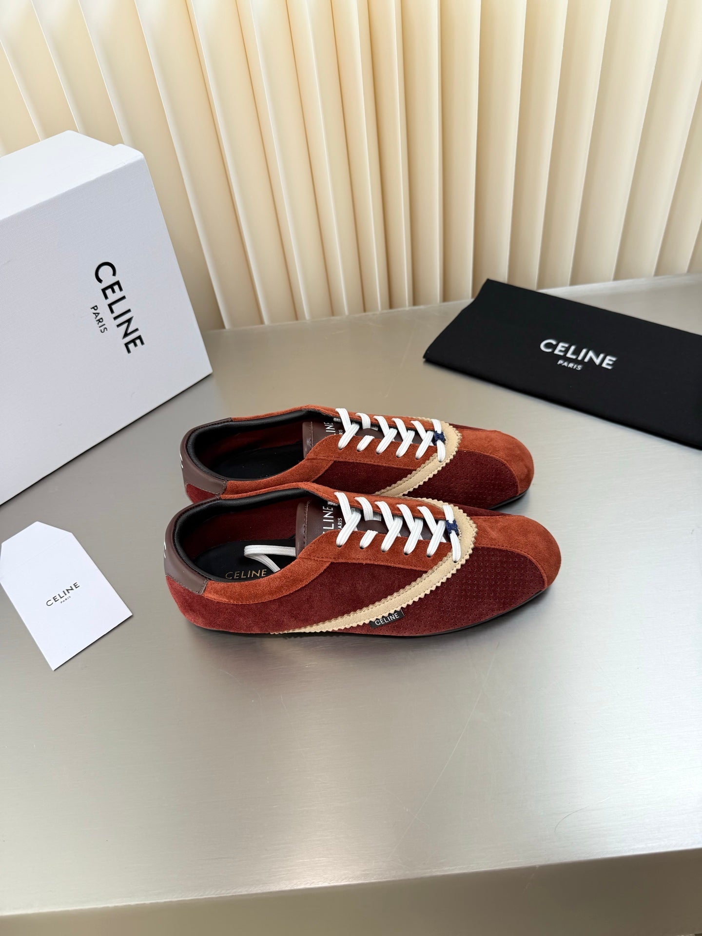 Celine 26 Flat Sneaker Brown White Leather Suede 989414