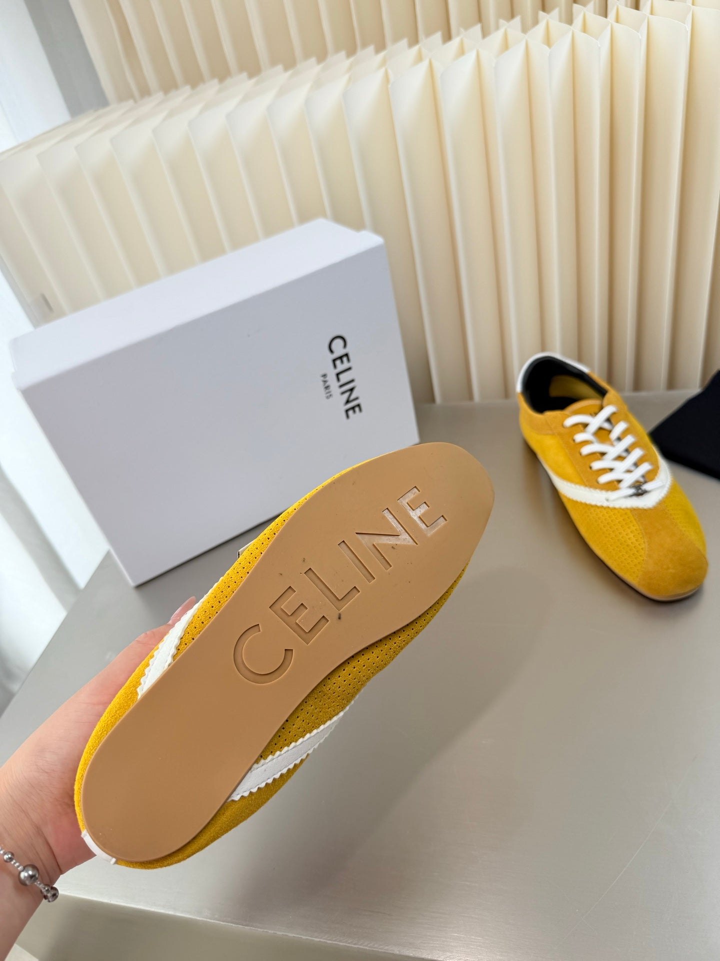 Celine 26 Flat Sneaker Yellow White Leather Suede 624715