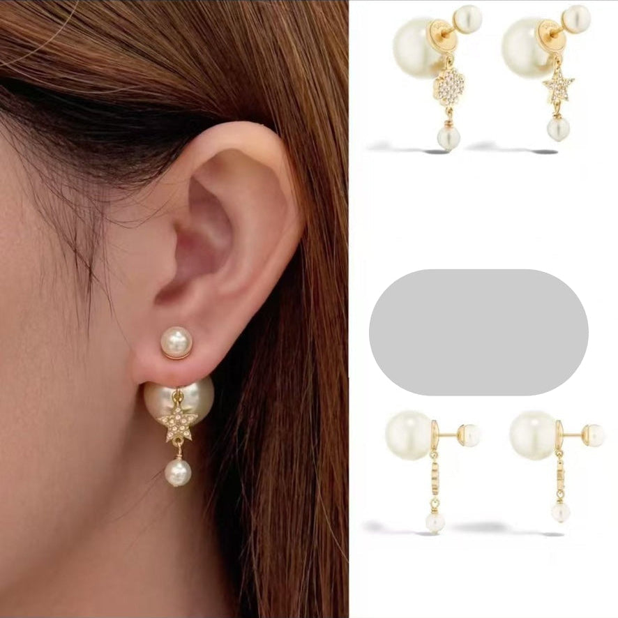 CD 26S Pearl Star & Flower Drop Earrings In Gold Tone Metal With Crystal 631008