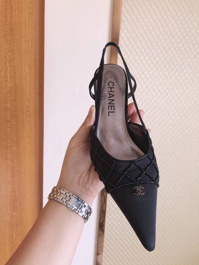 CC Beads Embellished Slingback 7.5cm Black Satin 817409