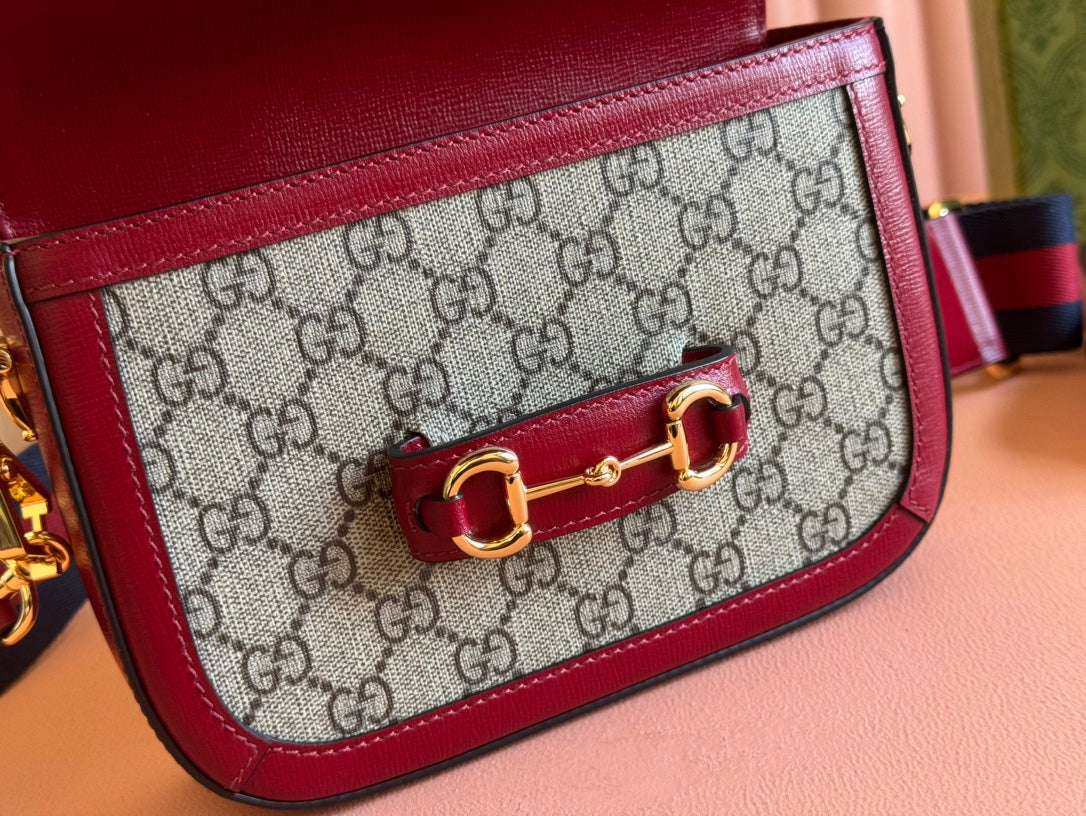 Gucci Horsebit Bag Ebony mix Rosso Ancora Red Leather Canvas 244259