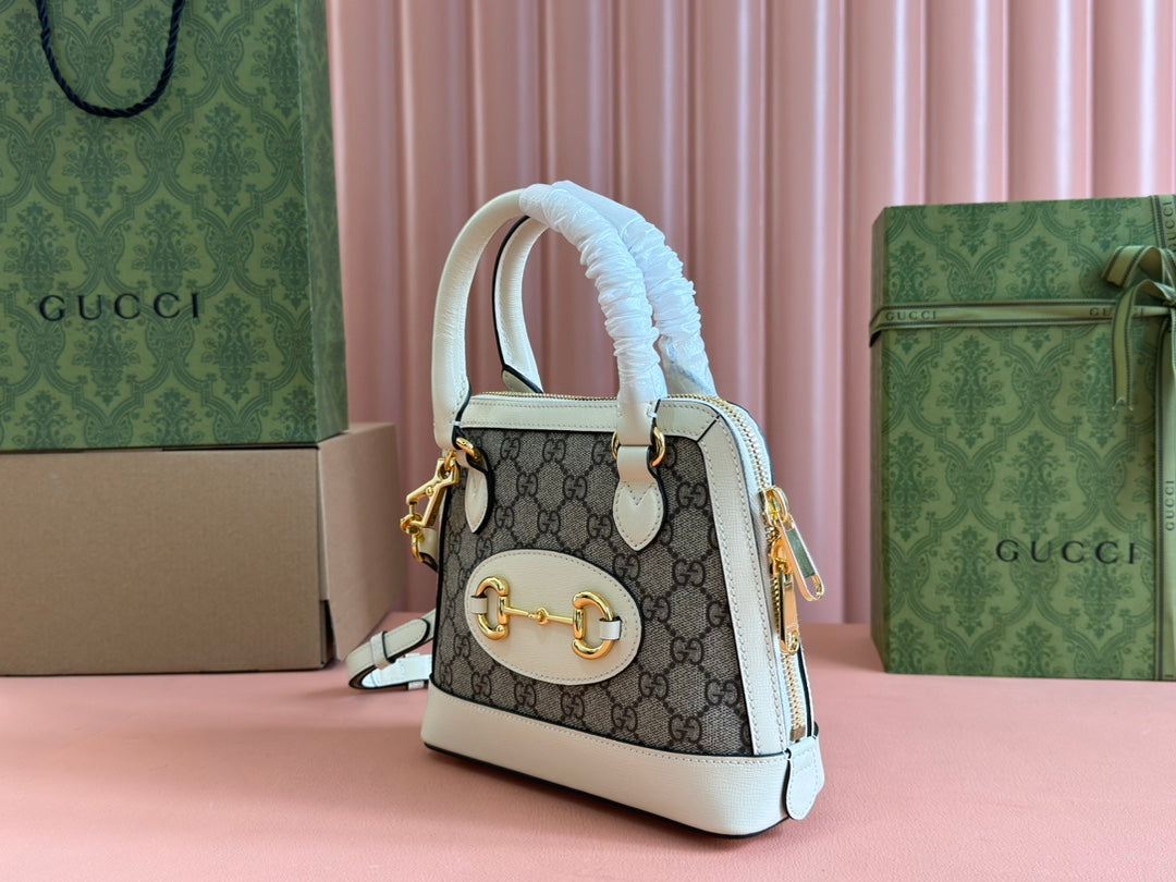 GG Horsebit 1955 Small Top Handle Bag Beige & White GG Monogram Fabric 272171