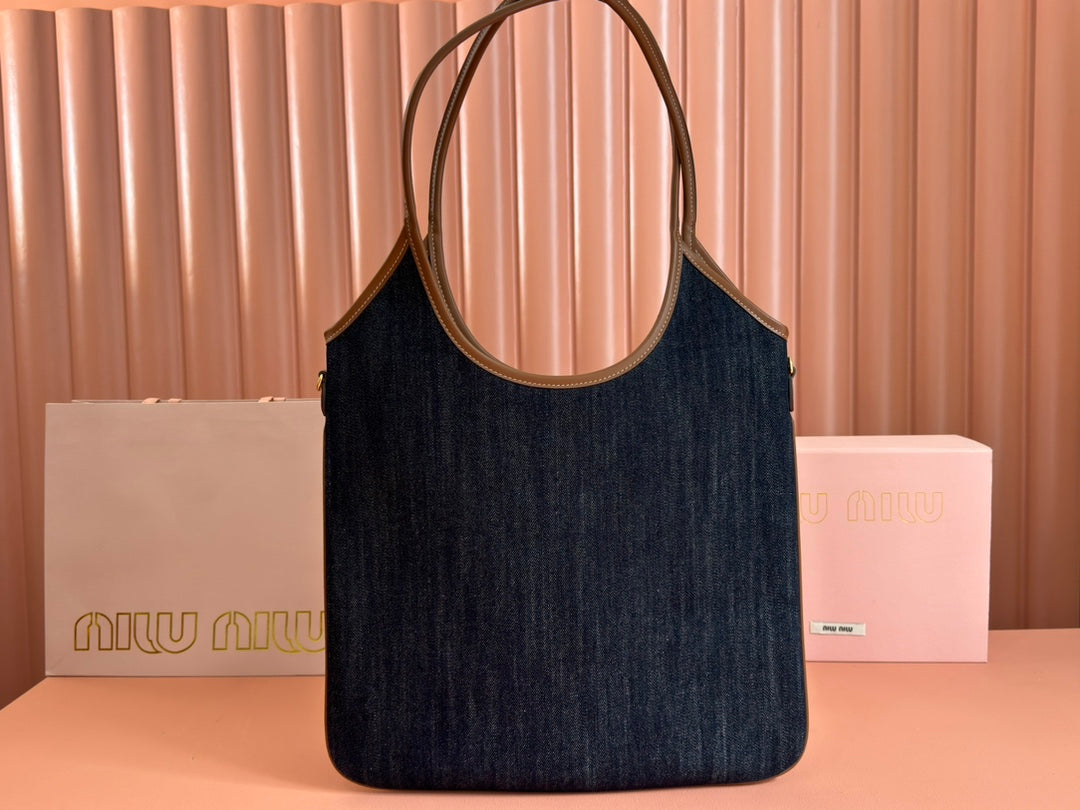 Miu Ivy Tote Bag 35cm Blue Denim Leather 230775