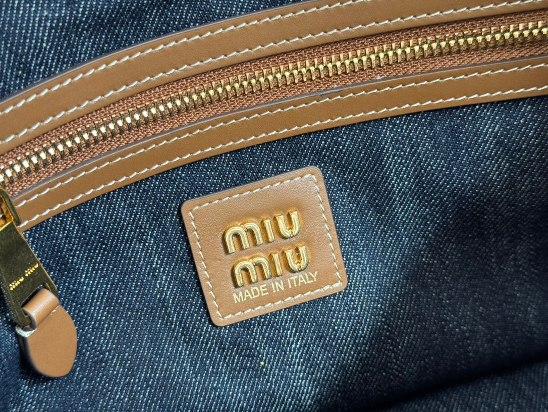 Miu Ivy Tote Bag 35cm Blue Denim Leather 230775
