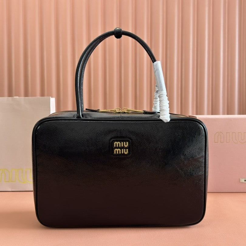 Miu Beau Top-Handle Bag 34cm Black Leather 239697