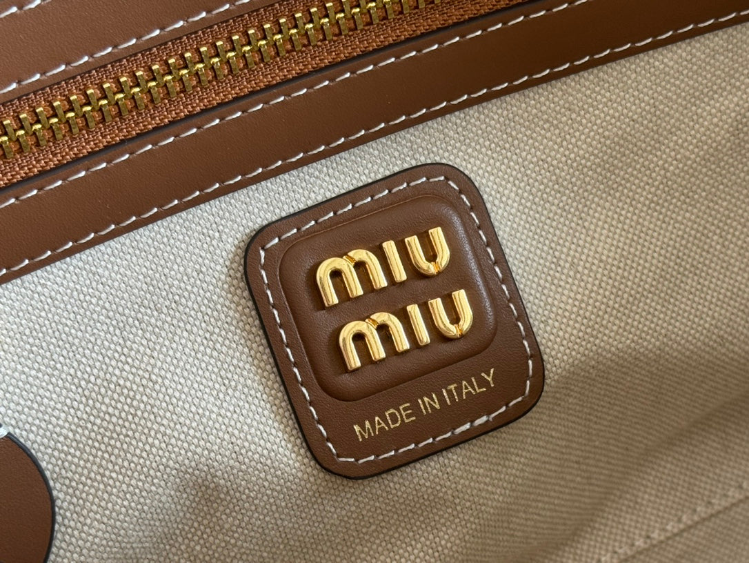 Miu Beau Medium Bag 29cm Soft Beige Cotton Brown Cowhide 257976