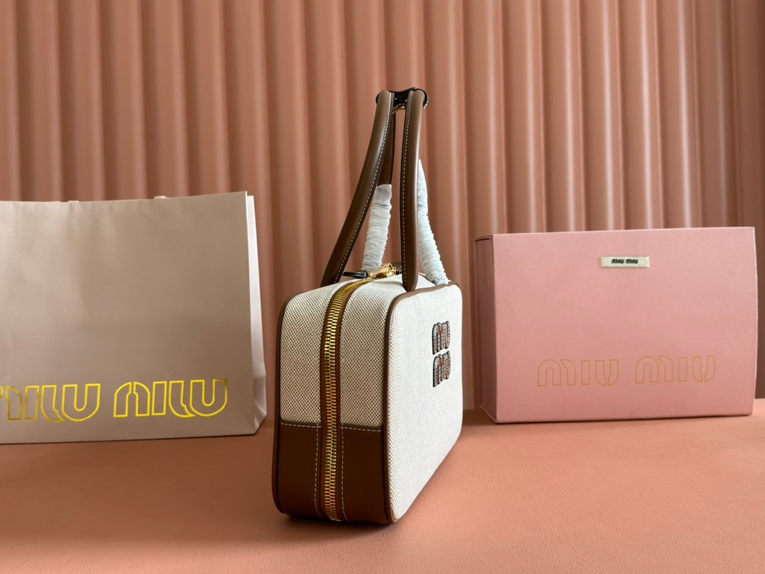 Miu Beau Medium Bag 29cm Soft Beige Cotton Brown Cowhide 257976