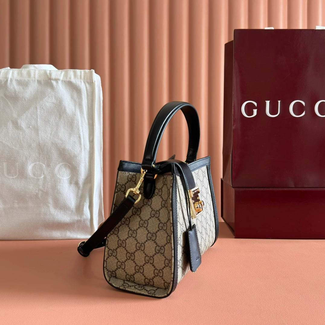 GG Padlock Medium Top Handle Bag Beige Black Leather Canvas