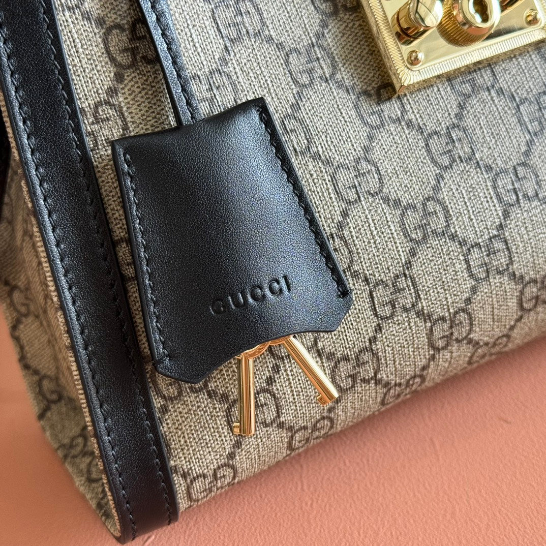 GG Padlock Medium Top Handle Bag Beige Black Leather Canvas