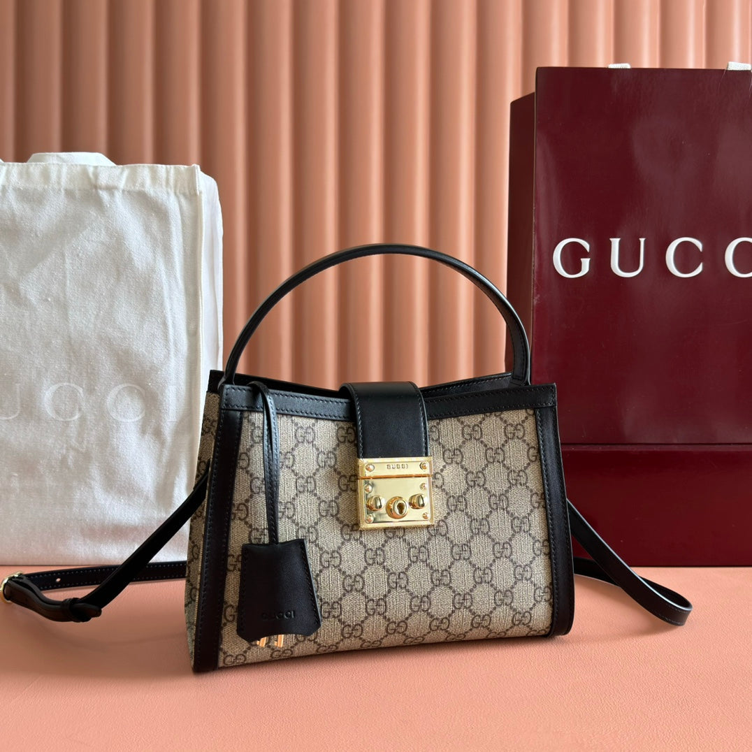 GG Padlock Medium Top Handle Bag Beige Black Leather Canvas