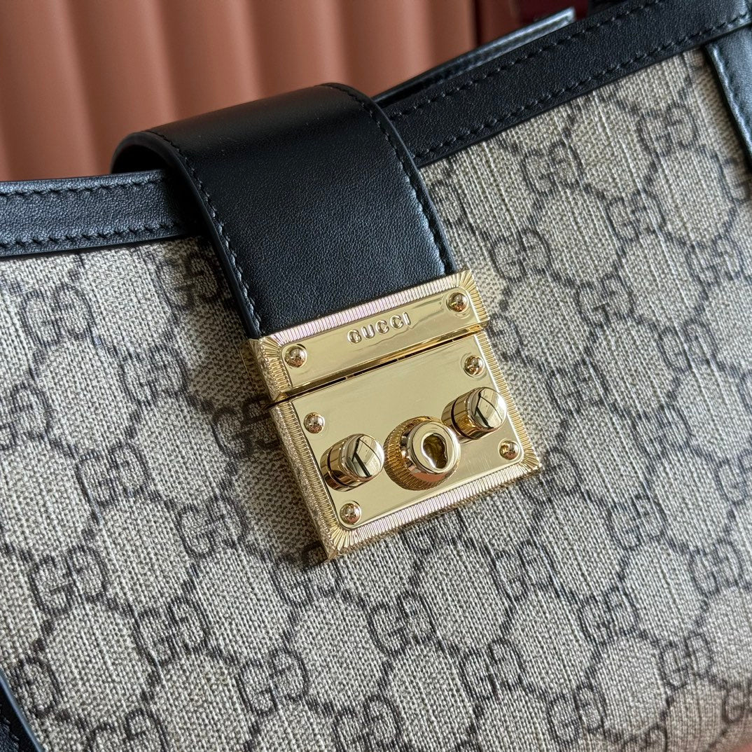 GG Padlock Medium Top Handle Bag Beige Black Leather Canvas