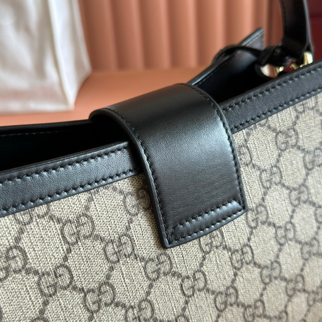 GG Padlock Medium Top Handle Bag Beige Black Leather Canvas