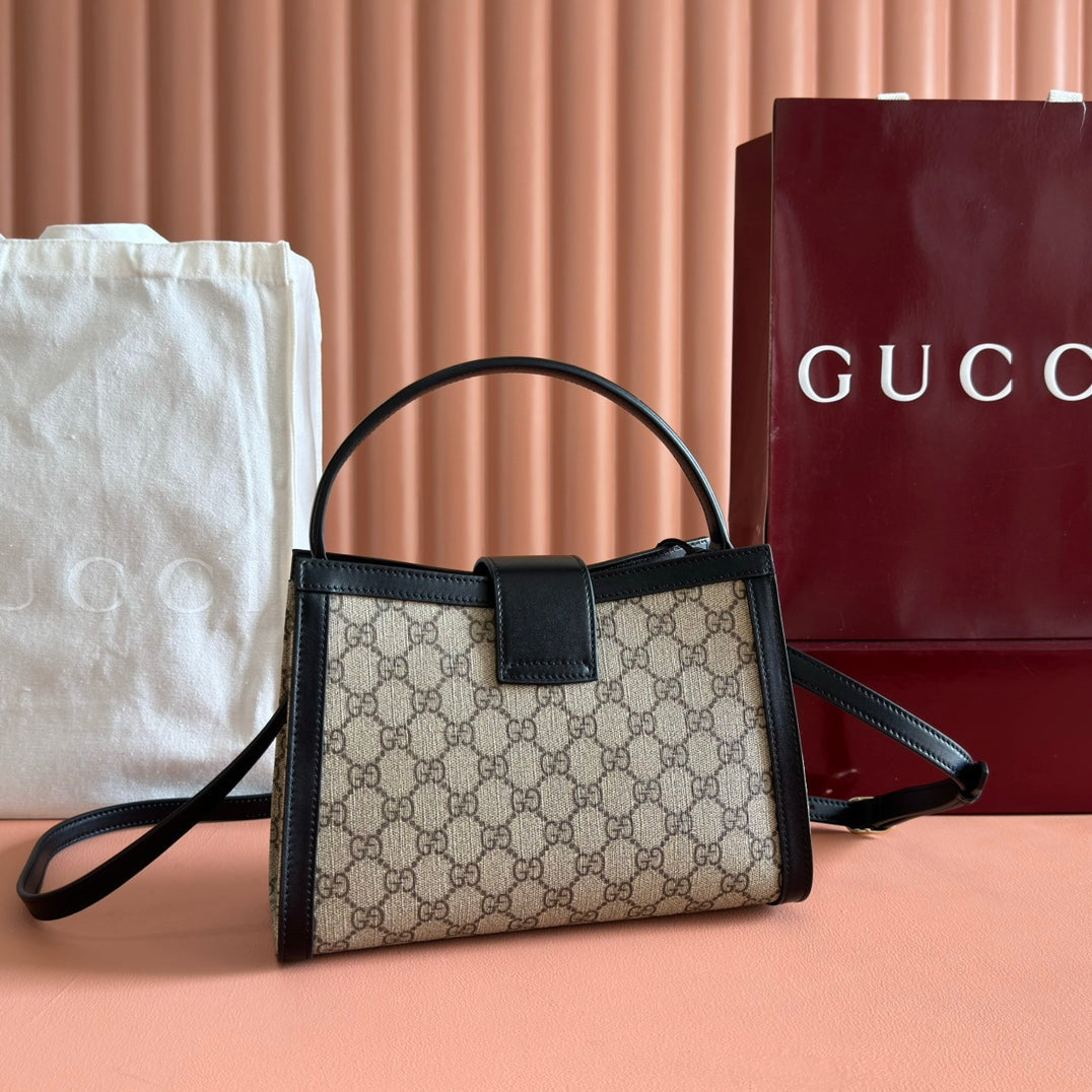 GG Padlock Medium Top Handle Bag Beige Black Leather Canvas