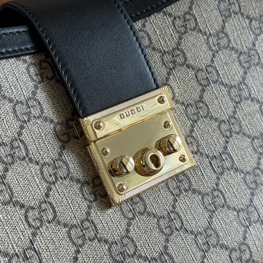 GG Padlock Large Top Handle Bag Beige Black Leather Canvas