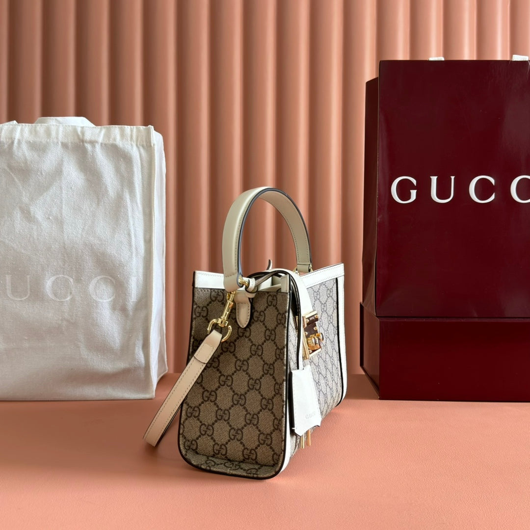 GG Padlock Medium Top Handle Bag Beige White Leather Canvas