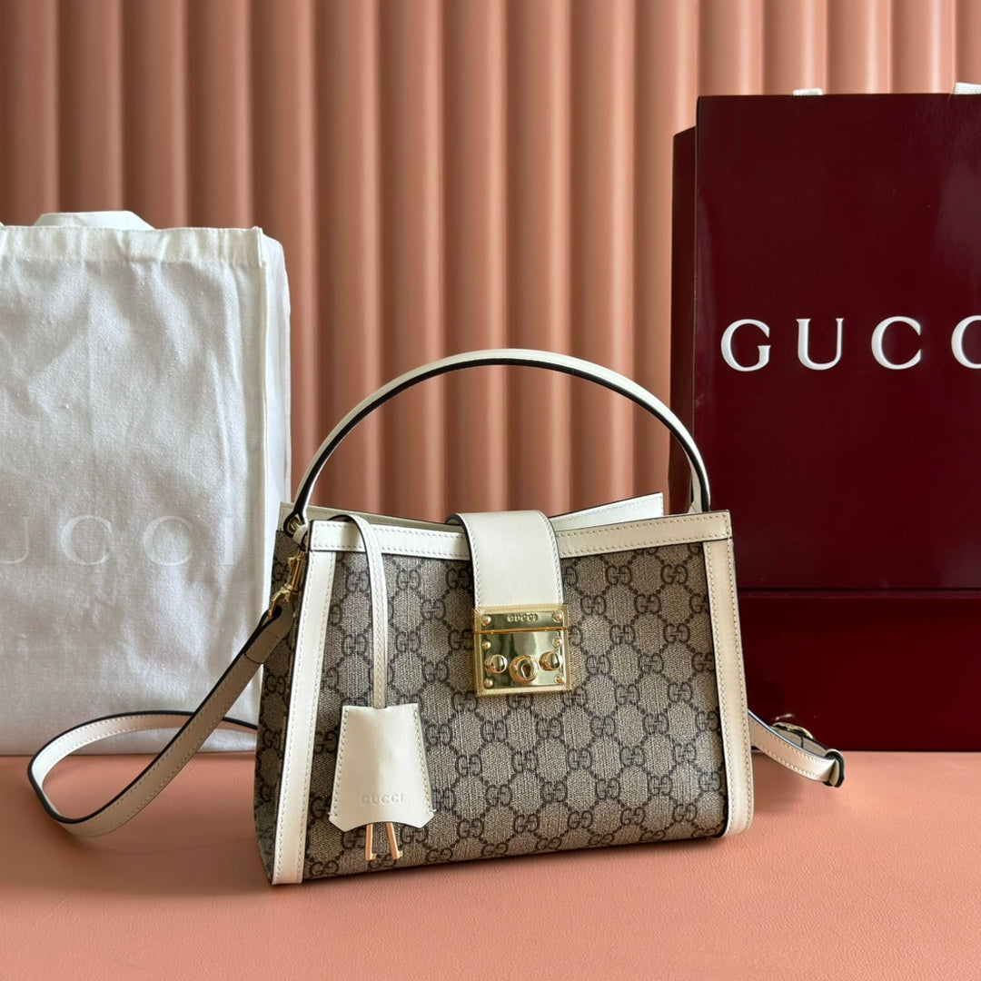 GG Padlock Medium Top Handle Bag Beige White Leather Canvas