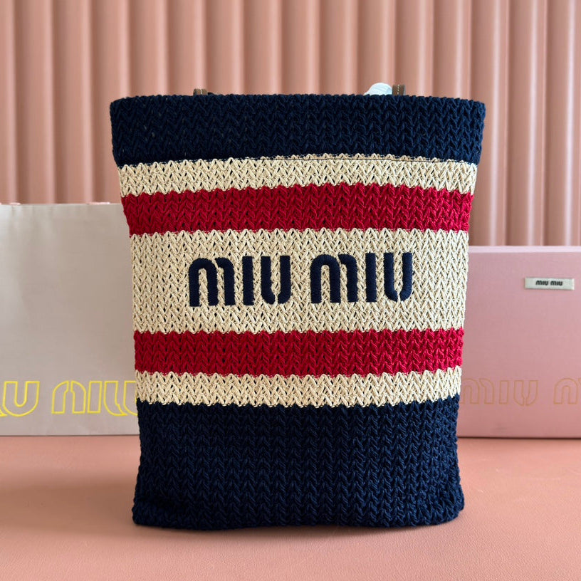Miu Crochet Tote Bag 30x38 Beige Dark Blue Raffia-Effect Woven 285257