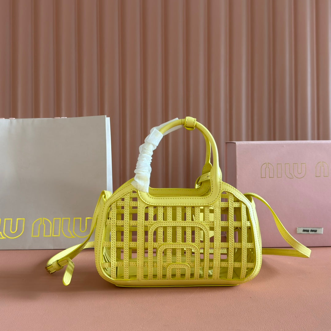 Miu Leather Basket Bag 24cm Lemon Yellow Cowhide 255473