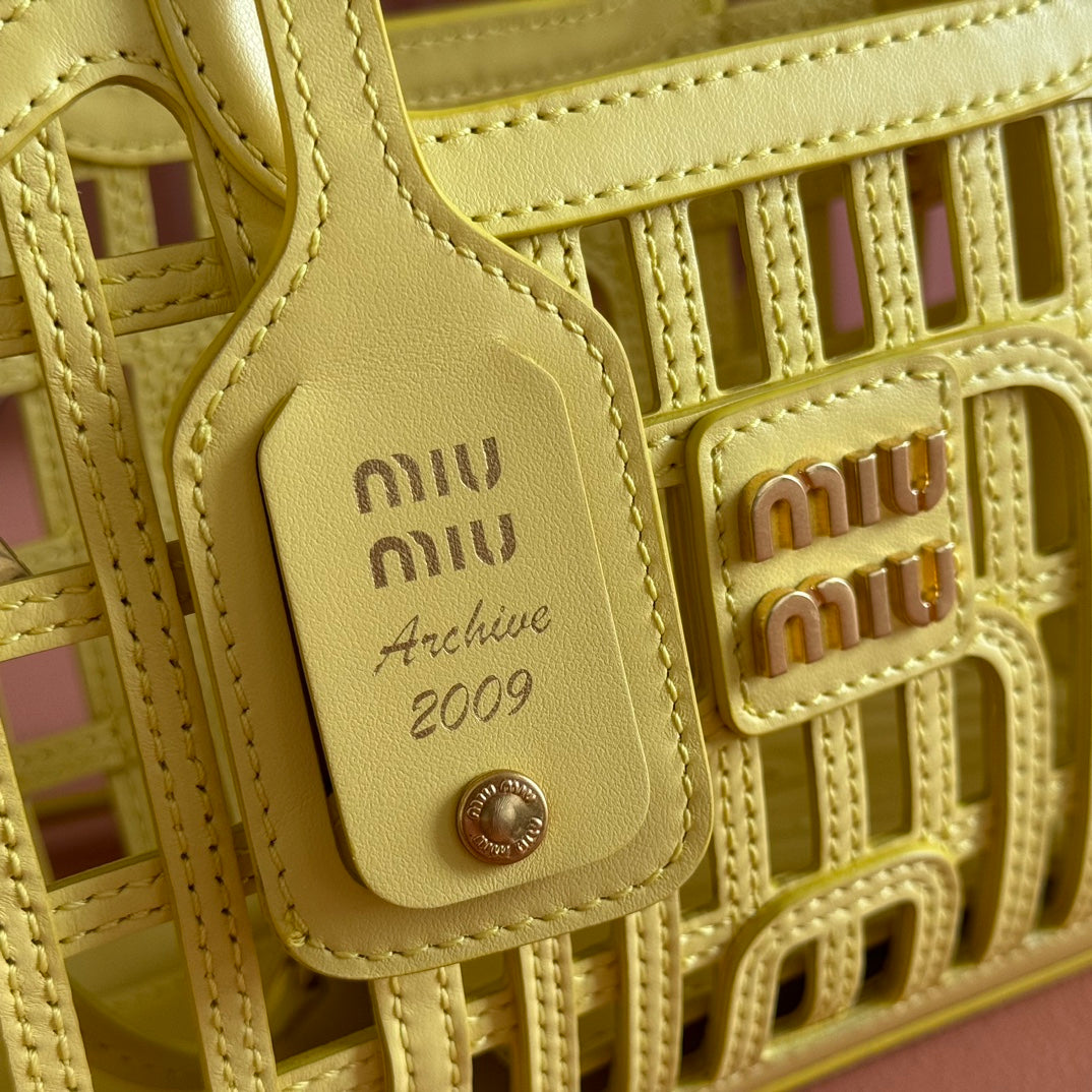 Miu Leather Basket Bag 24cm Lemon Yellow Cowhide 255473