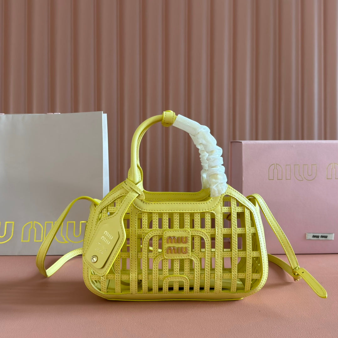 Miu Leather Basket Bag 24cm Lemon Yellow Cowhide 255473