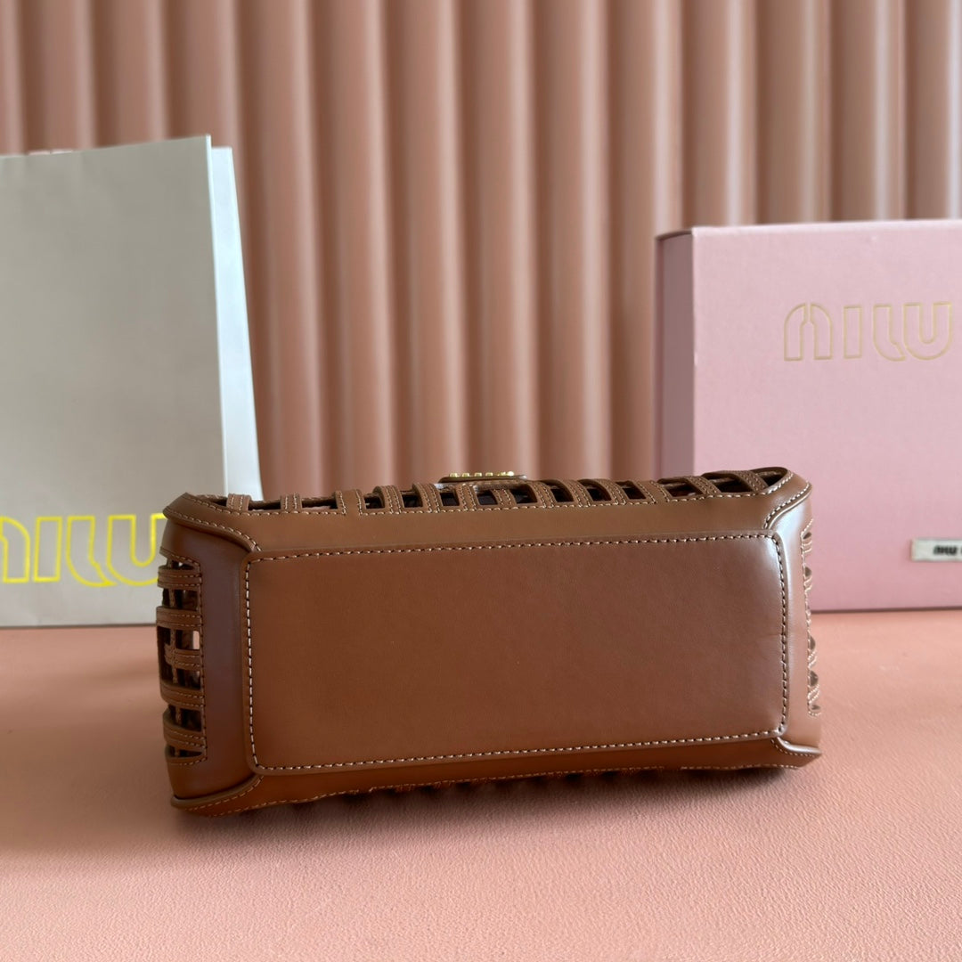 Miu Leather Basket Bag 24cm Brown Cowhide 255472
