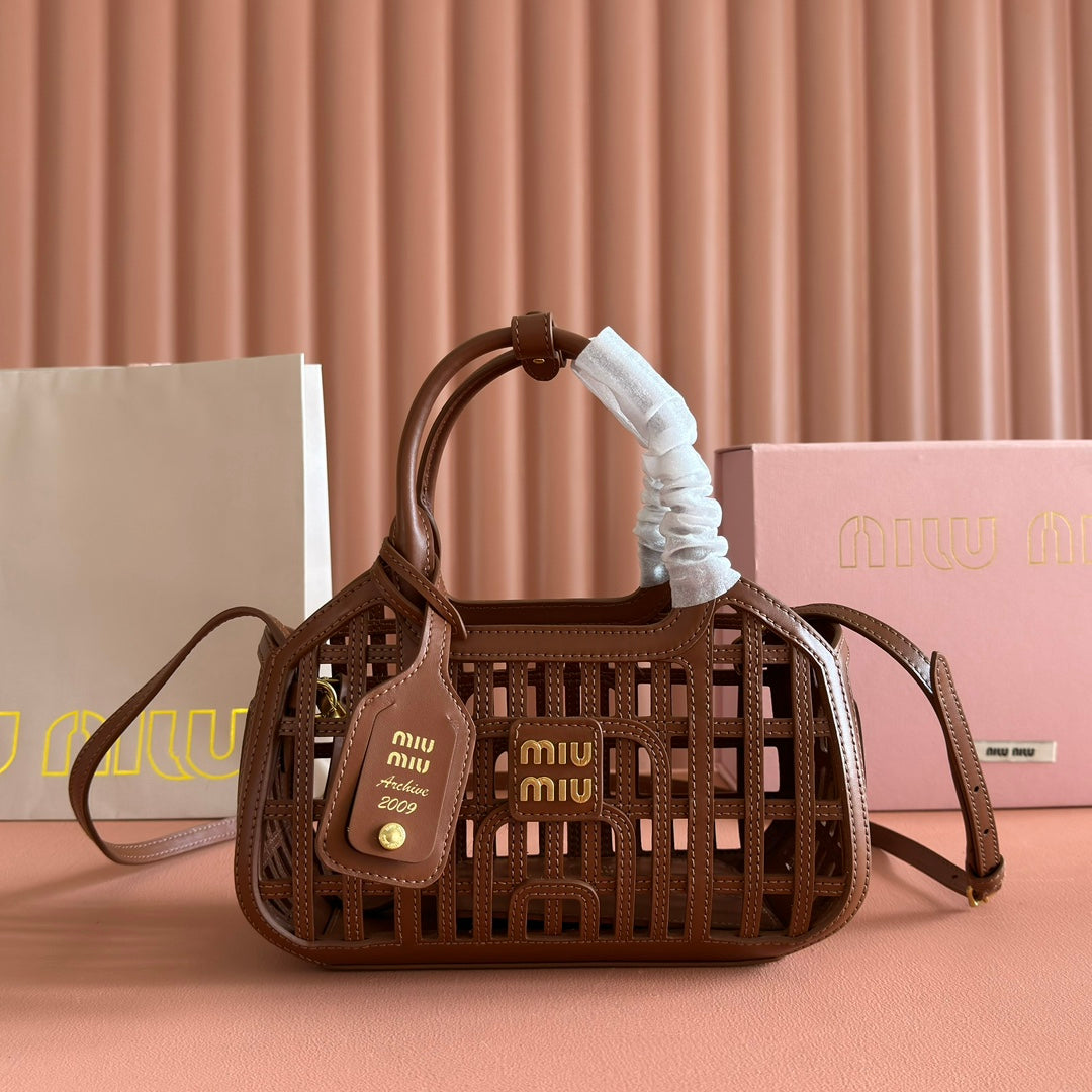 Miu Leather Basket Bag 24cm Brown Cowhide 255472