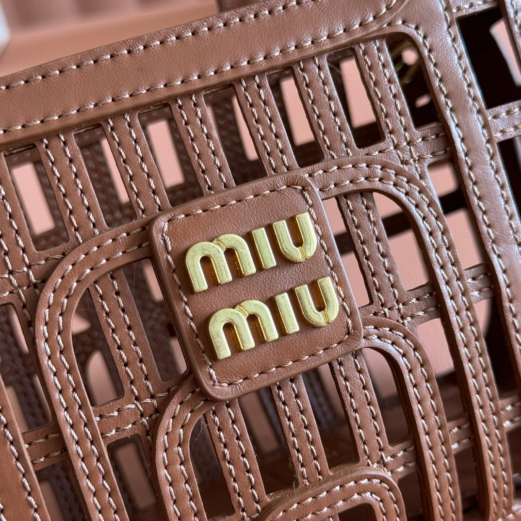Miu Leather Basket Bag 24cm Brown Cowhide 255472