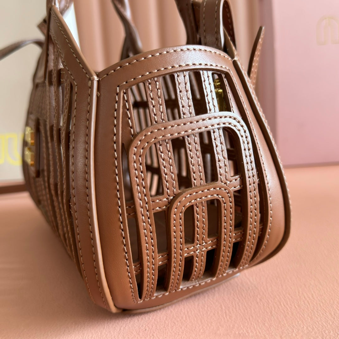 Miu Leather Basket Bag 24cm Brown Cowhide 255472