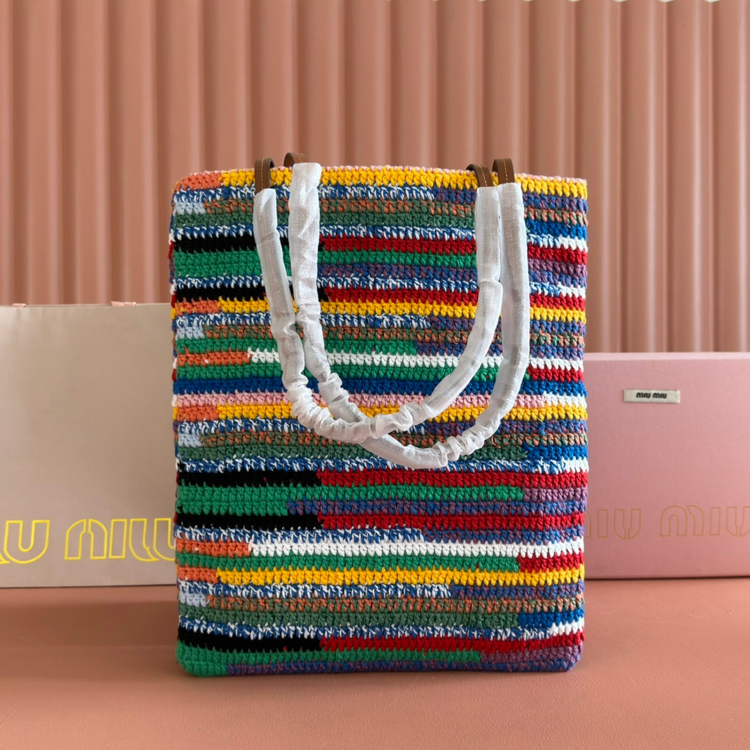 Miu Crochet Tote Bag 30x38 Colorful Raffia-Effect Woven 285250